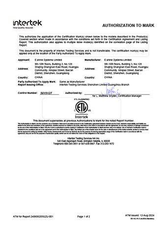 Certyfikat ETL panel LED
